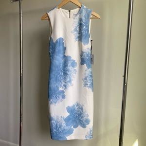 Calvin Klein white/blue floral scuba sheath dress with exposed zipper - NWT